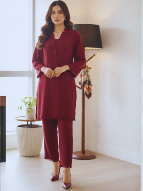 Raspbelle by Zeehuma – deep maroon wrinkle-free cord set from the Cocoa Dusk collection.