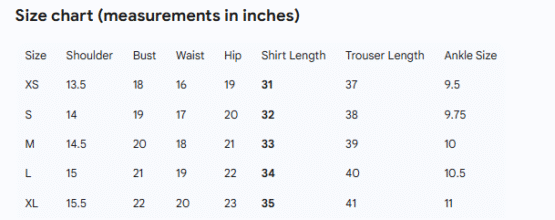 Size chart for cocoa dusk collection by zeehuma 