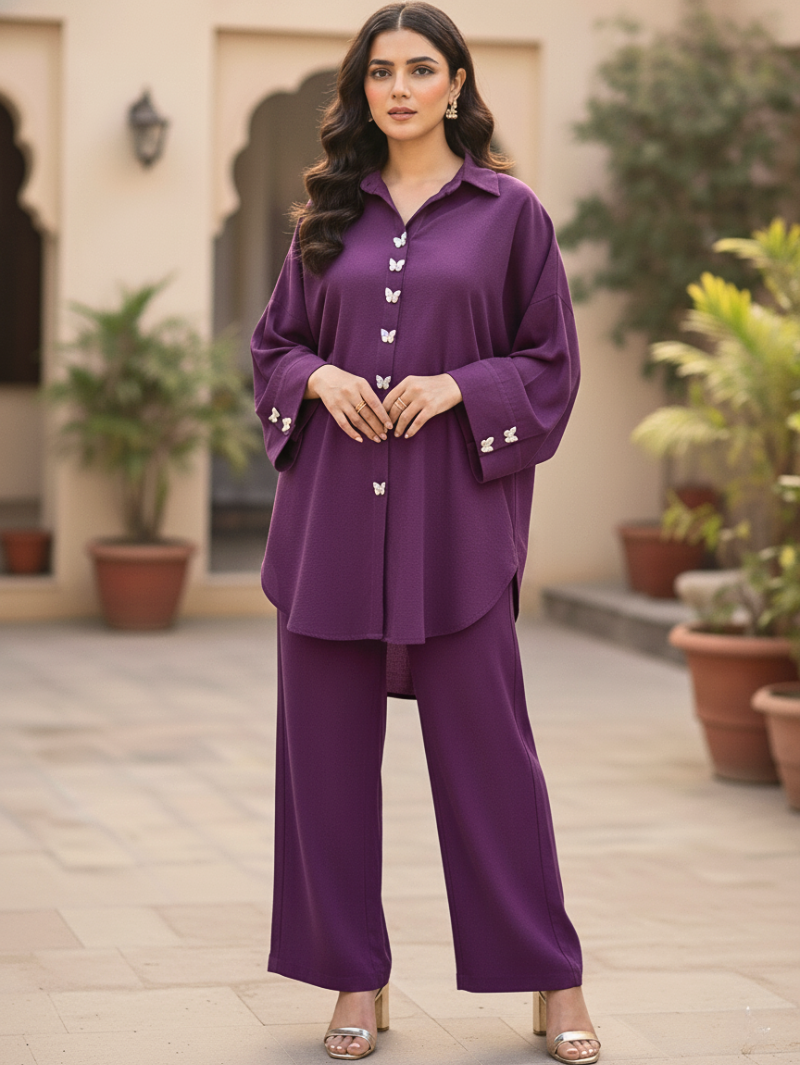 Berry Dream outfit from Cocoa Dusk Winter Collection by Zeehuma — violet cord set with butterfly details.