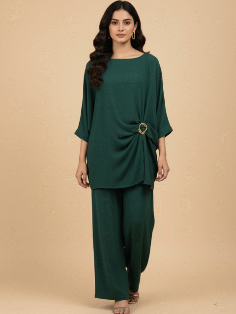 Zeehuma Matcha Mist turquoise cord set in soft twill fabric, finished with a gold waist buckle from the Cocoa Dusk winter collection.