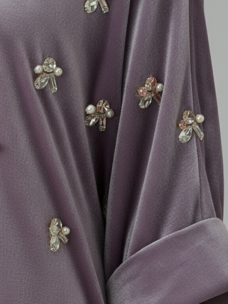 Lavender Latte velvet silk sleeve embellsihment close up