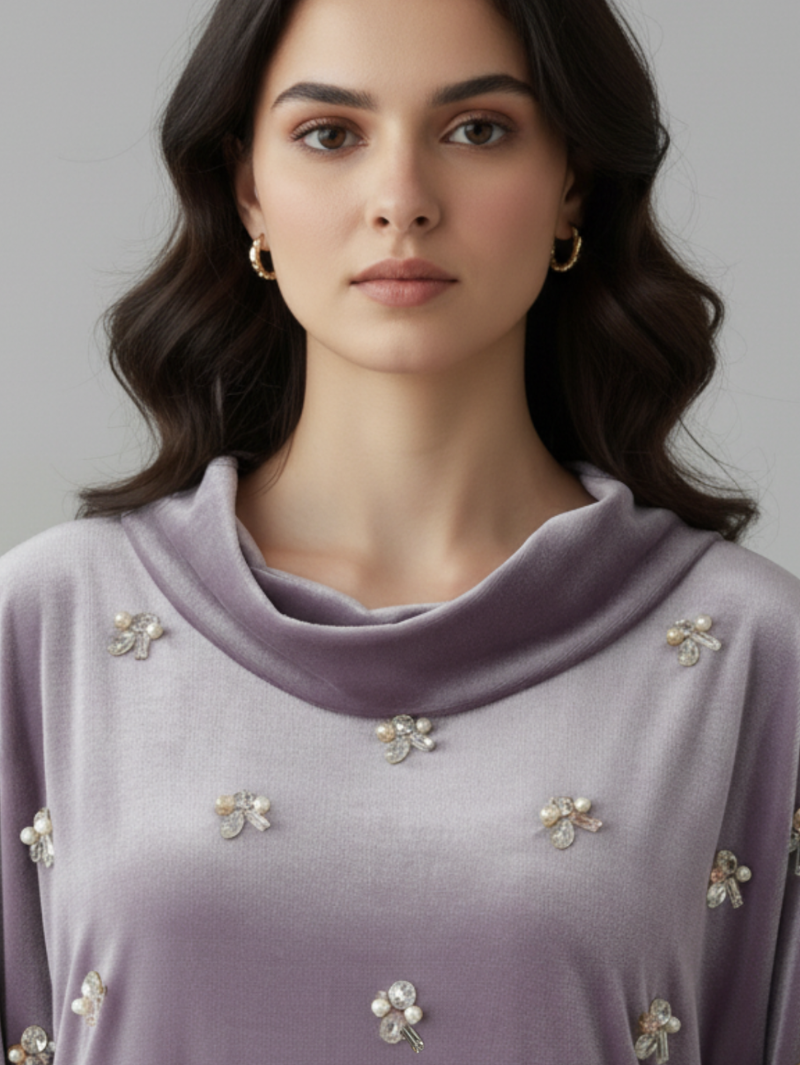 Lavender Latte velvet silk in lavender color front close up embellishment