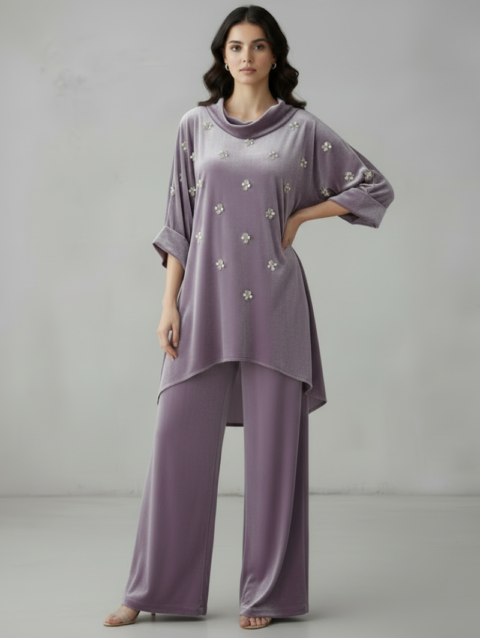 Lavender Latte a velvet silk hand embellished cord set